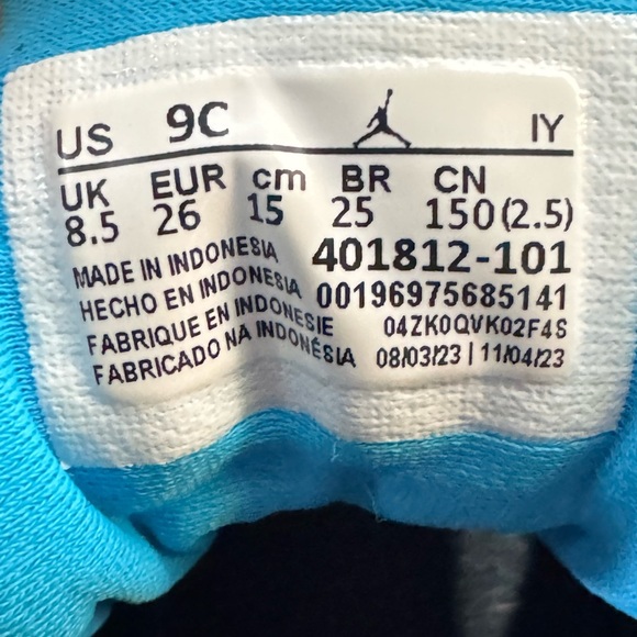 Jordan 9 Retro Toddler Shoes Summit White-Black-Dark Powder Blue Size 9C - Picture 8 of 10